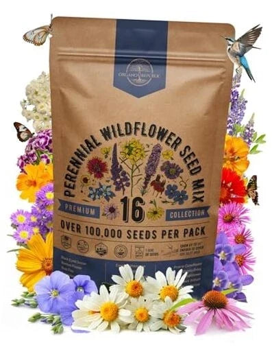 Perennial Wildflower Seed Mix - 16 Varieties, Non-GMO for Indoor & Outdoor Planting - 100,000+ Seeds